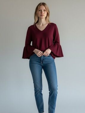 Liz Claiborne Wine V-Neck Knit Top with Tiered Bell Sleeves